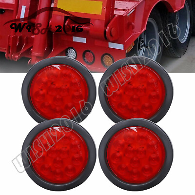 #ad 4x 12 LED 4quot; Round Truck Trailer RV Brake Stop Turn Tail Rubber Light Red