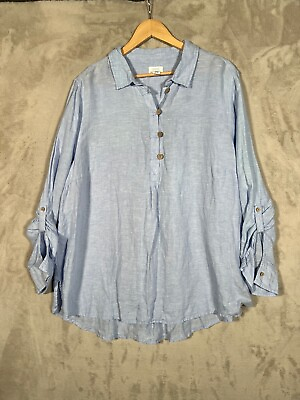 #ad Sigrid Olsen Linen Blouse Shirt Womens 2X Blue Roll Tab Sleeve