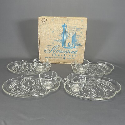 #ad Homestead Snack Set by Federal Glass Four Plates Trays Four Cups Original Box