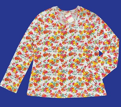 #ad FRESH PRODUCE 2X White $49 Garden Blooms FLORAL Scoop LS Jersey Tee Top NWT New