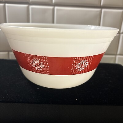#ad Federal Red Checked 8in Milk Glass Bowl Very Farmhouse