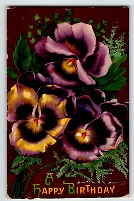 #ad Birthday Flowers Postcard Purple Pansies Gel Germany Series 700 Vintage Greeting