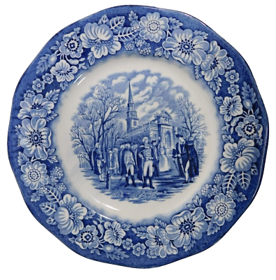 #ad Vintage Liberty Blue Staffordshire Plate 6.75quot; Washington Leaving Christ Church