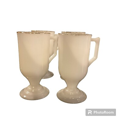 #ad #ad Milk Glass Vintage Federal Glass Pedestal Footed Coffee Mug Gold Trim Set Of 4