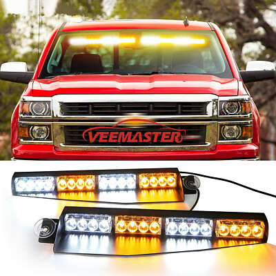 #ad 35quot; 32 LED Emergency Warning Visor Mount Dash Strobe Light Bar White Amber