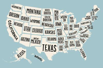 #ad USA United States Map States With Text Names Decorative Art Print Poster 36x24
