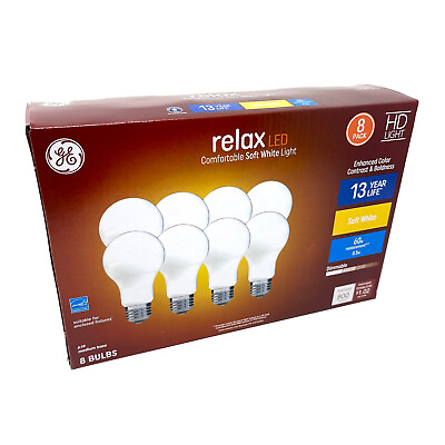 GE Relax LED A19 Light Bulb 60 Watt Equivalent Dimmable Soft White Pack of 8