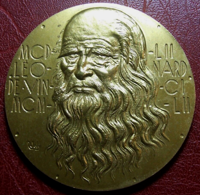 #ad Leonardo da Vinci 1452 1952 gold plated large heavy medal by R. JOLY