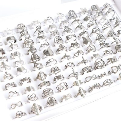 #ad 50Pcs Lot Style one 4 Hollow Rings Stainless Steel Geometric Jewelry Women Men