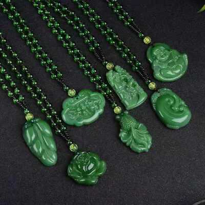 #ad Natural Lucky Green Jade Necklace Pendant Hand Carved Amulet Chain Chic Gift