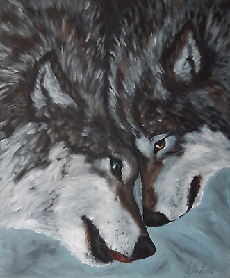 #ad Wolf Love Original Painting Animal Art Wildlife Couple Wolves Artwork 16 by 20in