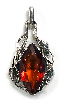 #ad 925 Sterling Silver Faceted Cognac Genuine Baltic Amber Floral Medium Pendant