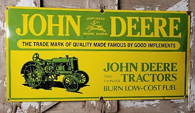 #ad OLD VINTAGE JOHN DEERE PORCELAIN SIGN 48quot; FARM TRACTOR DEALER SALES SERVICE SIGN