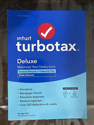 #ad Intuit TurboTax 2021 Deluxe Federal Plus State CD Windows Mac FACTORY SEALED