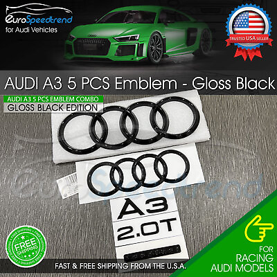 #ad Audi A3 Front Rear Rings Emblem Gloss Black Trunk Quattro 2.0T TDI Badge Set OE
