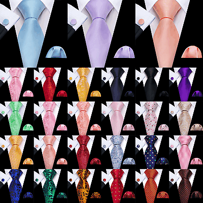 #ad Mens Tie New Silk Lot Jacquard Paisley Solid Striped Necktie Hanky Cufflinks Set