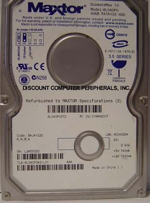#ad 40GB 3.5quot; IDE 40PIN 6L040P0 7200 RPM Maxtor Hard Drive Our Drives Work