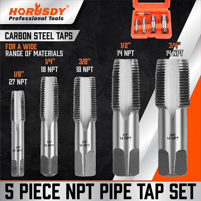 #ad 5 Pcs NPT Pipe Tap Set 1 8quot; 1 4quot; 3 8quot; 1 2quot; and 3 4quot; With Case Carbon Steel Inch