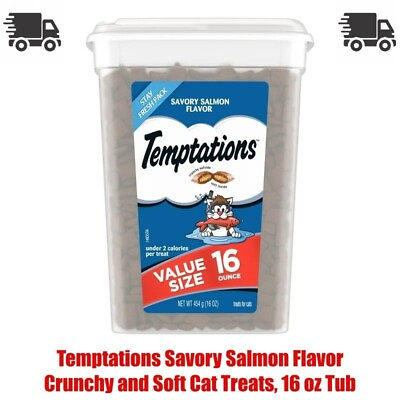 #ad 16 oz Tub Temptations Savory Salmon Flavor Crunchy and Soft Cat Treats