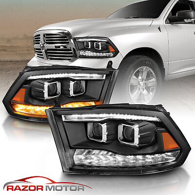 For 2009 2018 Dodge Ram 1500 2500 3500 Black LED Bar Dual Projector Headlights