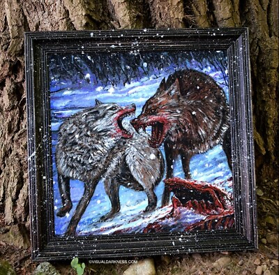 #ad WINTER WOLVES ORIGINAL FRAMED PAINTING ART WOLF NATURE ANIMAL SNOW WOLF PRESERVE