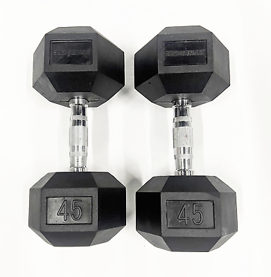 #ad Brand New Pair Synergee 45lb Rubber Hex Dumbbell Set Weight Gym Workout Fitness