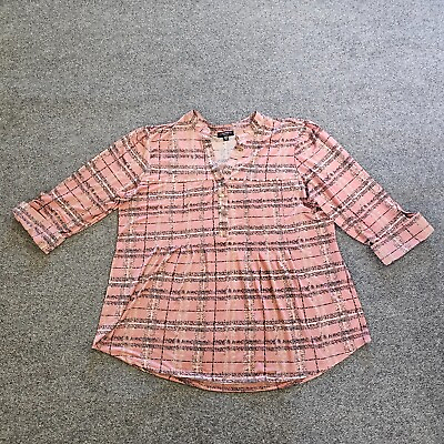 #ad Cocomo Top Women 2X Pink Plaid Sheer 3 4 Sleeve V Neck Stretchy Casual Career