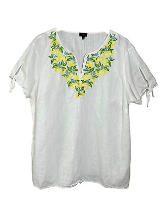 #ad Talbots Linen Cotton Top 2X White Yellow Floral Embroidered Woven Boho Blouse