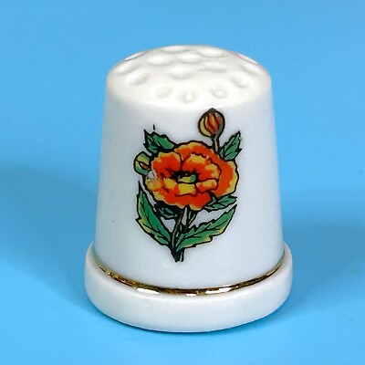 #ad Vintage Orange Flowers Gold Trim Porcelain Thimble