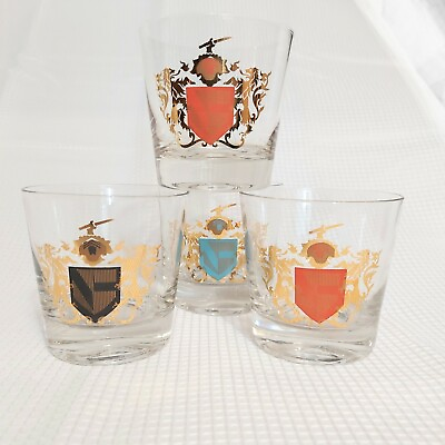 #ad Camelot Low Ball Cocktail Glasses Coat Of Arms Federal Bar Drinkware MCM Retro