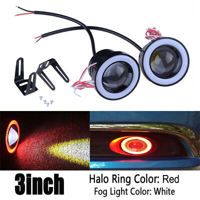 #ad 3quot; 76MM COB Red Fog Light Projector Car Lamp Halo Angel Eyes LED Universal BI