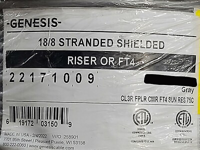 #ad Honeywell Genesis 2217 18 8C Shielded Riser Security Control Cable UV Gray 50ft
