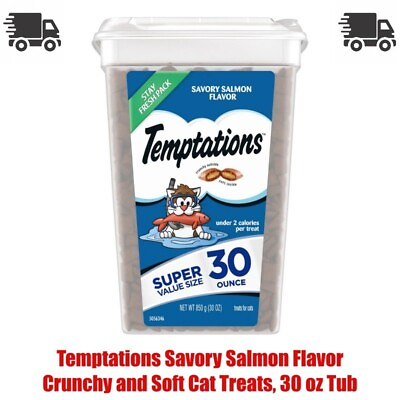 #ad 30 oz Tub Temptations Savory Salmon Flavor Crunchy and Soft Cat Treats