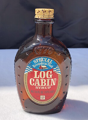#ad Vintage Embossed Log Cabin Syrup Bicentennial 1776 Liberty Amber Glass Bottle