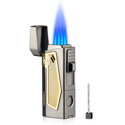 #ad Torch Lighter Windproof Cigar Lighter 4 Jet Flame Refillable w Punch and Stand