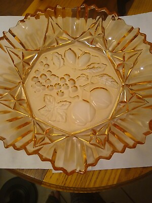 #ad Vintage Federal Amber Glass Ruffled Bowl in Pioneer Amber with Fruit Center
