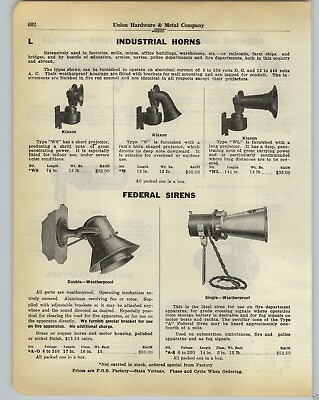 #ad 1930 PAPER AD Federal Sirens Double Horn Klaxon Industrial Horns Aermore Whistle