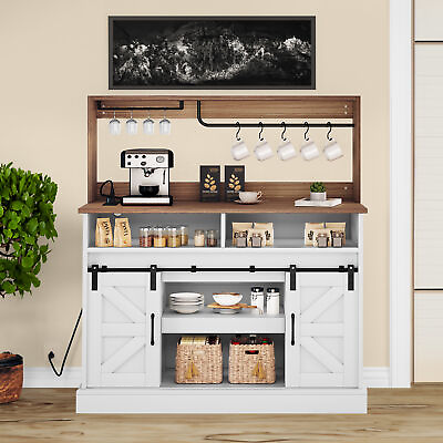 #ad 47quot; Farmhouse Coffee Bar Cabinet Sideboard Buffet Cabinet w Sliding Barn Door