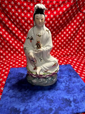#ad chinese porcelain quan yin on lotus statue 1960