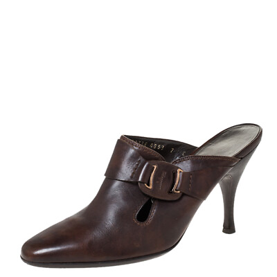 #ad Salvatore Ferragamo Brown Leather Mule Sandals Size 37.5