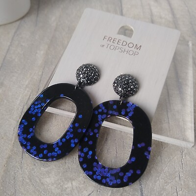 #ad Freedom Topshop Blue Black Statement Dangle Earrings Plastic Ovals Bold Party