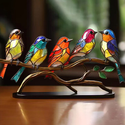 #ad Stained Acrylic Birds on Branch Desktop Ornaments Double Sided Multicolor Style