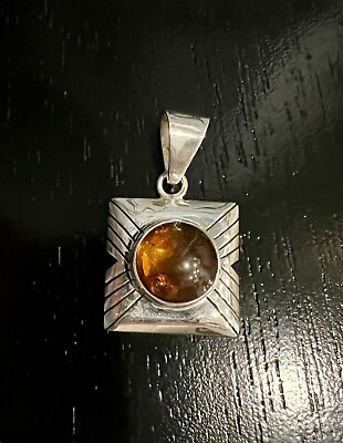 #ad Vintage Mexican Amber Pendant in Square Sterling Silver Design