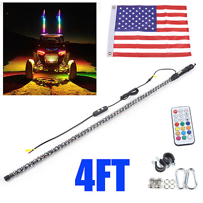 #ad 4FT For ATV UTV Polaris LED RGB Whip Lights Antenna Flag Pole Quick Release Base