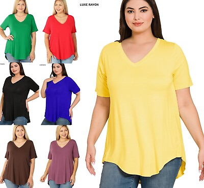 #ad 1X 2X 3X Luxe Rayon V Neck Short Sleeve Top Hi Low Rounded Hem Loose Fit T Shirt