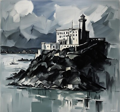 #ad original digital artwork black and white on canvas quot;Alcatraz Islandquot; 12x12