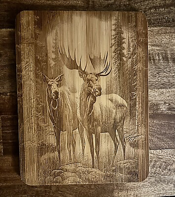 #ad Moose Pair Wildlife art On Bamboo Handmade Laser Engraved All One Of A Kind