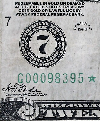$20 1928 Star Federal Res. Note G00098395* plain series twenty dollar Chicago