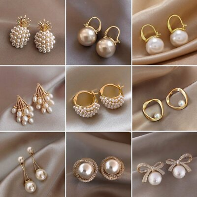 #ad Fashion Pearl Zircon Crystal Bowknot Earrings Stud Women Wedding Jewellery Gift
