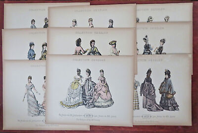 #ad Fashion of the 1870#x27;s Female Fashion prints lot x 9 c. 1898 hand colored